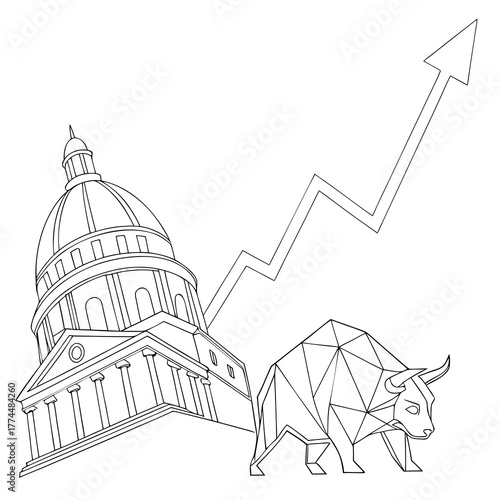 Geometric bull symbol and government building with upward trending stock market graph