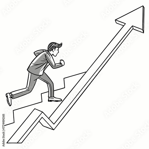 Businessman running up stairs on an upward trending arrow symbolizing career growth and success