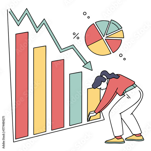 Frustrated person looking at a declining bar graph and pie chart representing financial loss