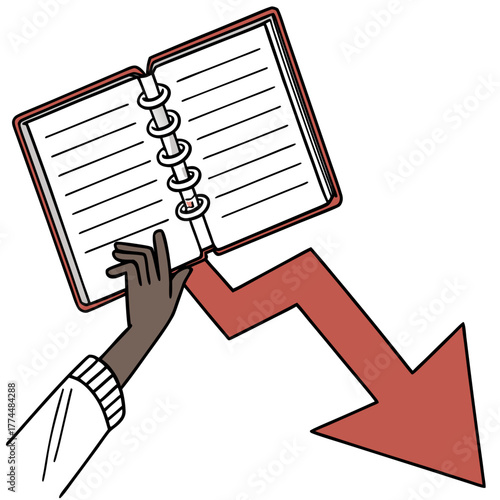 Hand holding an open notebook with a downward trending red arrow indicating financial or business decline