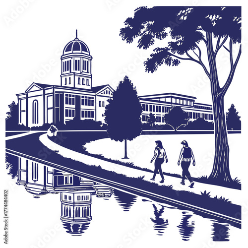 Two students walk along a path beside a reflective body of water with a domed building and modern architecture
