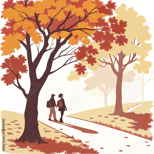 Couple walking on a path through a park with colorful autumn trees and fallen leaves