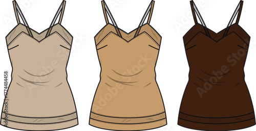 Three fashion tops in different neutral colors with thin straps and V-neck designs, ideal for casual wear or layering under other garments