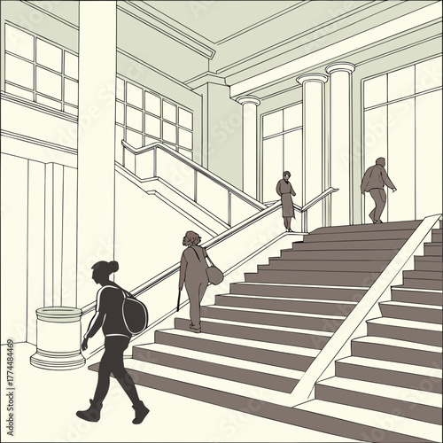 People ascending and descending a grand staircase in an elegant building interior