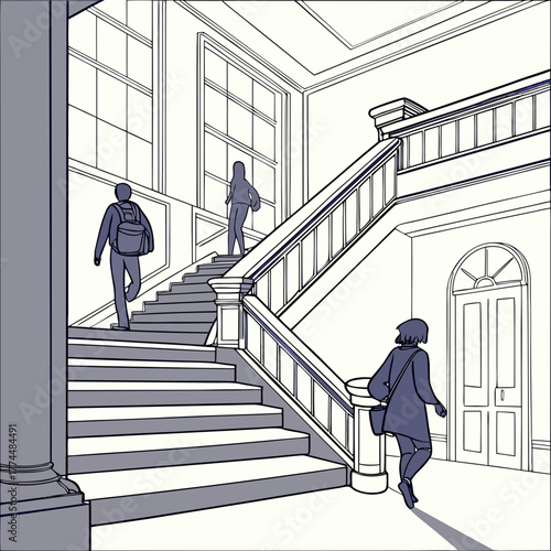 People walking up and down a grand staircase in a building with large windows and doors