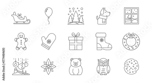 Festive Line Art Christmas Icons Collection for Holiday Designs