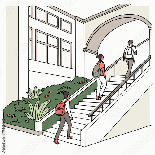 Diverse students with backpacks ascend a grand staircase outside an academic building on a sunny day