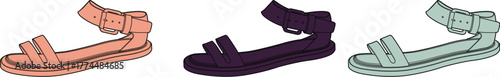 Set of three stylish women's gladiator sandals in various colors. A vector illustration of fashionable summer footwear with straps, isolated on a white background for design concepts