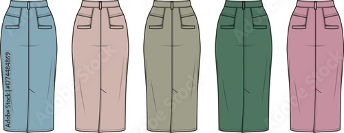 Fashionable pencil skirts in five different colors, showcasing modern style and versatility for any wardrobe