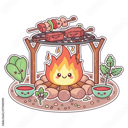 Adorable cartoon campfire with happy faces cooks delicious skewers and steak on a grill, surrounded by fresh greens and dipping sauce