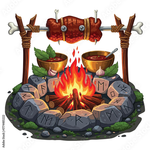 Viking feast preparation a primal rotisserie meat cooking over a crackling bonfire with ancient runes carved into stones