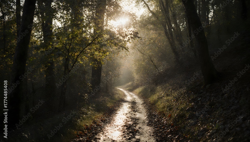 Obraz premium A forest path in sunlight, showcasing nature's tranquility, growth, and scenic beauty.