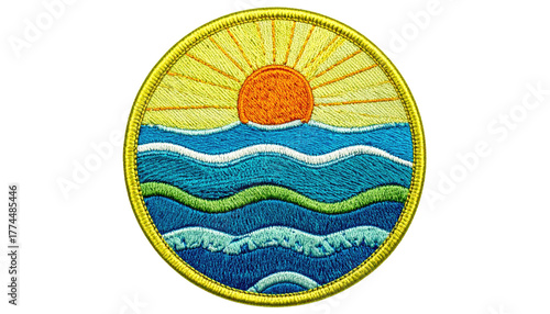 Embroidered patch featuring a stylized seascape with a bright sun, blue waves, and a green accent inside a yellow border