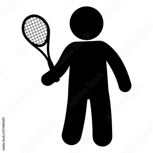 A minimalist illustration of a tennis player with a racket silhouette