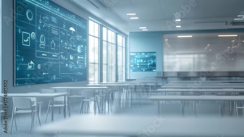 Bright, modern classroom with large digital display, rows of desks and chairs, and bright windows