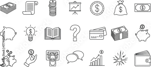 Financial planning and investment strategy line icons set vector