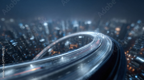 Futuristic city highway at night with light trails, symbolizing speed and progress. Great for technology, business, and urban planning visuals.