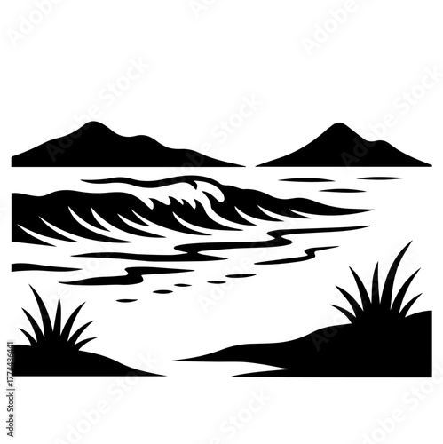 Ocean Waves with Distant Hills vector