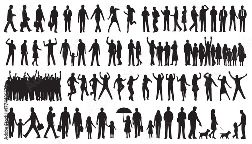 Diverse collection of black vector silhouettes of people walking, standing, and interacting.