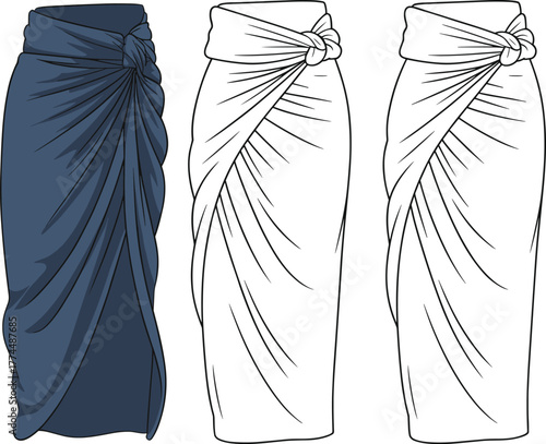 Vector illustration of draped knot skirt with pleated folds and flowing silhouette for fashion design, garment construction, and pattern content