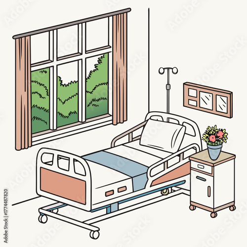 A cozy hospital room with a comfortable bed a bedside table with flowers and a large window overlooking a green landscape
