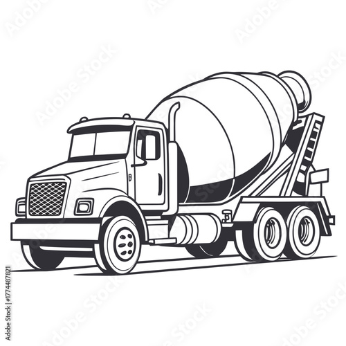 A detailed black and white line art illustration of a cement mixer truck on a road perfect for construction themes