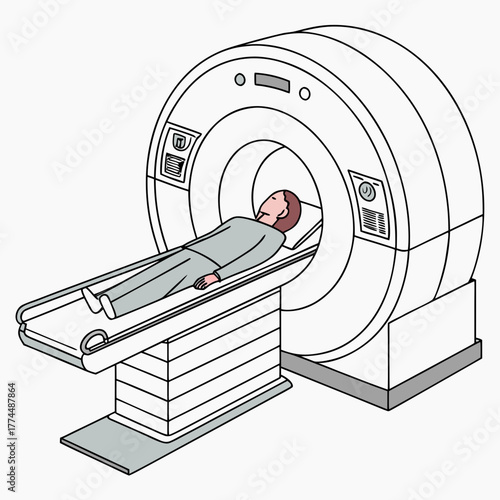 A man lies on a medical scanner bed inside a large mri machine for a diagnostic imaging procedure