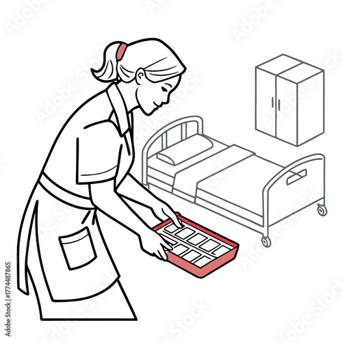 A healthcare worker or nurse prepares medication in a tray next to a hospital bed and wardrobe in a clean simple line drawing style