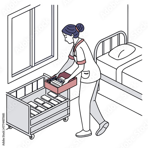 A nurse in uniform organizes medical supplies from a cart next to a hospital bed and a window in a clean room