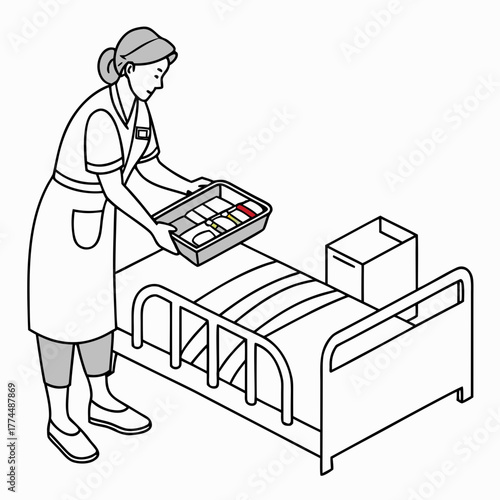 A nurse wearing a uniform and apron holds a tray with medication and supplies next to a hospital bed