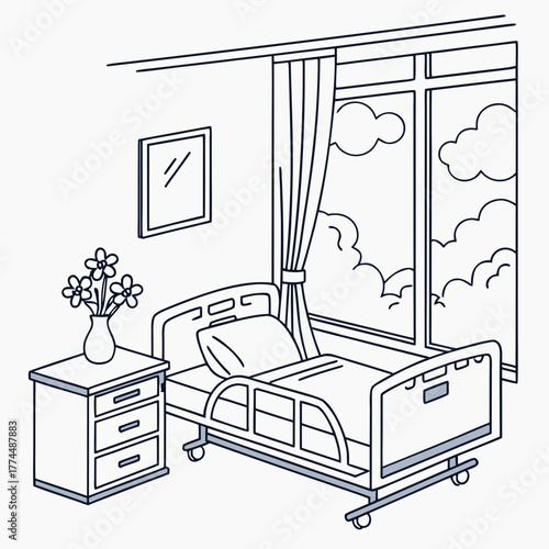 A simple line drawing of a hospital room with a bed bedside table and a window showing clouds and sky