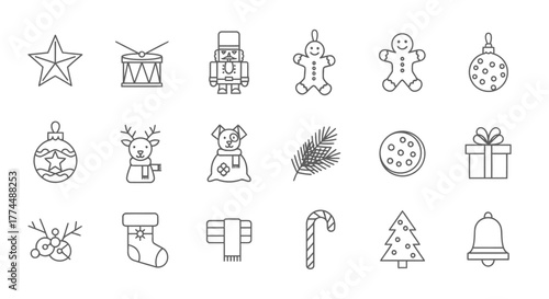 Christmas icons set in line style star, drum, nutcracker, gingerbread man, reindeer, tree