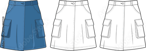 Vector illustration of pleated cargo skirt with button front, zipper closure, and flap pockets for fashion design and garment construction