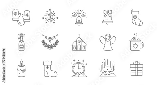 Festive Christmas Icons Line Art Set for Holiday Designs