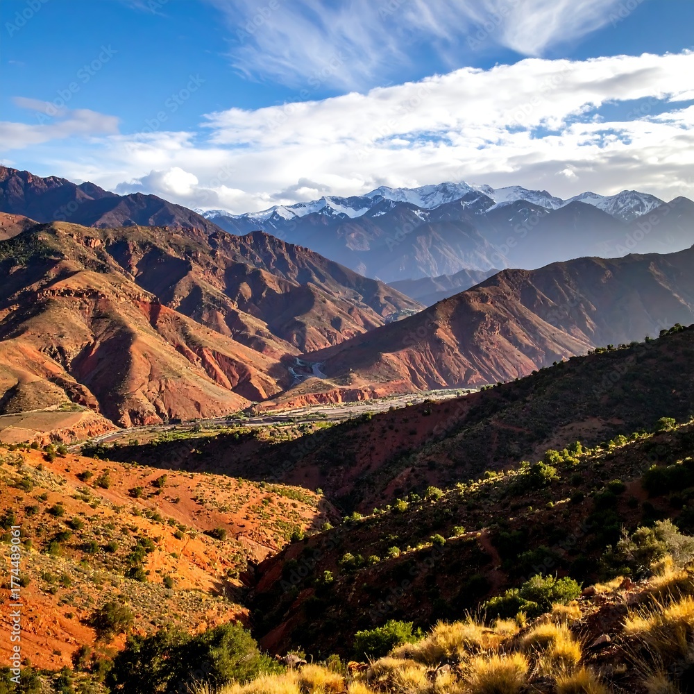 Fototapeta premium Vast landscape with layered mountains under a partly cloudy sky