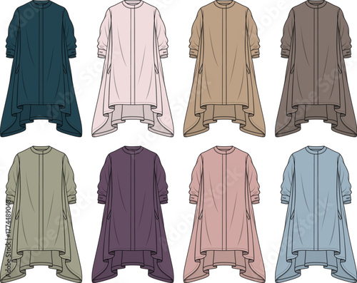 Set of women's clothing designs featuring high-low hemline dresses in various colors and styles