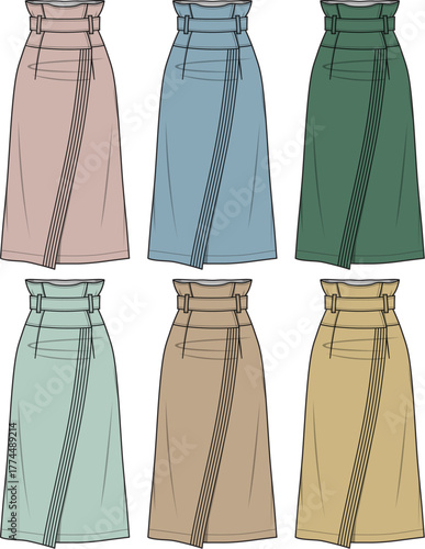 Set of technical flat fashion sketches of a high-waisted paperbag waist wrap midi skirt in multiple color variations