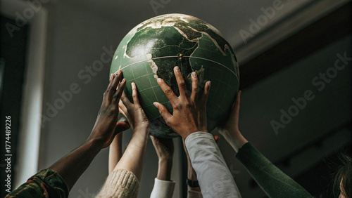 Diverse group of people holding up a globe symbolizing global unity and shared responsibility for our planet	