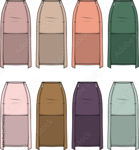 Collection of elegant long skirts in various muted colors and styles, perfect for modern fashion
