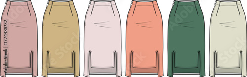 Vector illustration set of a women's long skirt with a side slit. Technical fashion flat sketches in multiple color variations for clothing design