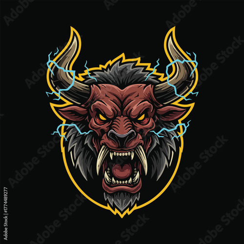 Fierce Red Bull Monster Mascot with Lightning Bolts Emblem, Symbolizing Power and Aggression in a Graphic Illustration