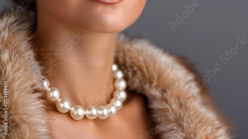 Elegant Portrait of a Woman Adorned with a Timeless Pearl Necklace Against a Soft Gray Background