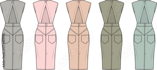 Collection of illustrated fashion garment designs, featuring five distinct denim dress variations in different color palettes