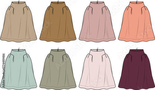Collection of Women's Skirt Designs in Various Colors, Perfect for Fashion and Apparel Projects