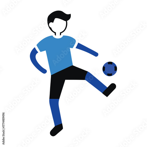 Flat vector illustration of a soccer player kicking a ball. Sports character icon