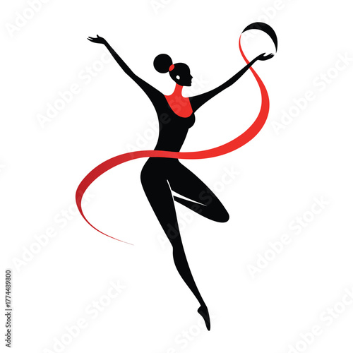 Graceful silhouette of a female rhythmic gymnast with a hoop and red ribbon