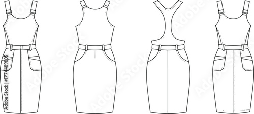 Vector CAD drawing of sleeveless belted pencil dress with patch pockets, racerback, and buckle straps for fashion design illustration