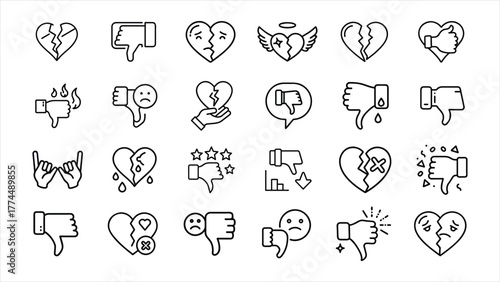 "Broken Heart and Dislike Icons Set – Love, Sad, and Negative Emotion Vectors"