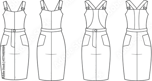 Vector CAD drawing of overall pencil skirts with adjustable straps, patch pockets, and waistband for fashion design and garment illustration