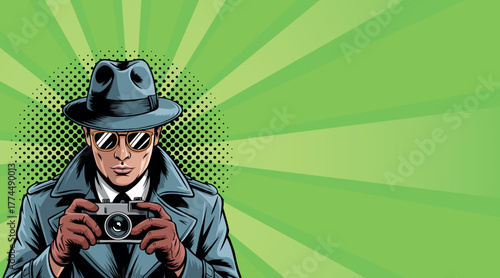 A pop art spy with a camera. Comic book style pop art.